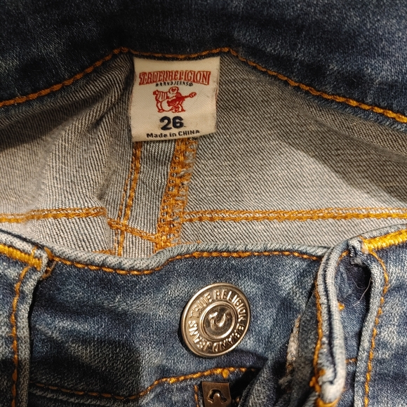 True Religion Blue Distressed Section Skinny Jeans Women’s Size 26 Logo On Leg - Picture 5 of 6